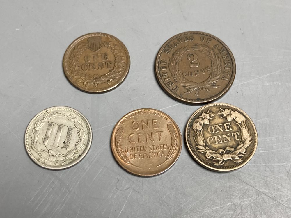 U.S.A. coins, Indian Head one cent 1864, edge knocks otherwise NEF, a Union Shield two cents 1871, GVF and three other coins